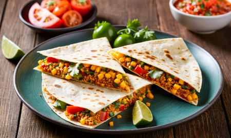 Mexican Quesadilla with Cheese and Vegetables on Plate, Fresh Lime and Tomato Sides, Traditional Cuisine, Delicious Meal, Colorful Dish, Authentic Recipeの素材