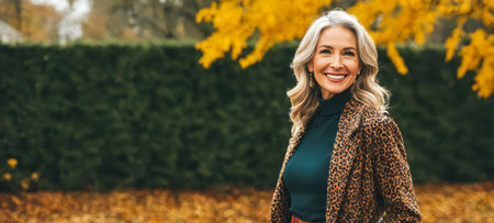 Mature woman in autumn park, radiant smile under warm sunlight, surrounded by colorful fall leaves, age gracefully embracing nature beauty, outdoor experience filled with happiness and serenityの素材