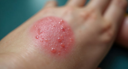 Close view human hand with distinct red pustules symptomatic of monkeypox viral infection amidst worldwide pandemic alert skin ailment spread public health concern urgentの素材