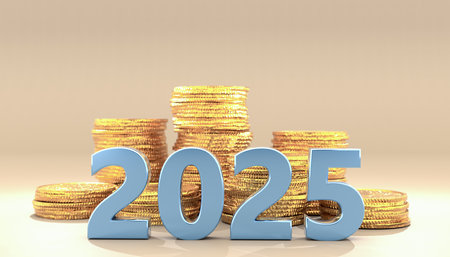 Visual Forecast 2025 Economy and Investments with Golden Coins Piled High in 3D Rendering. Conceptual Image of Financial Success, Market Trends Prediction and Capital Increase in New Yearの写真素材