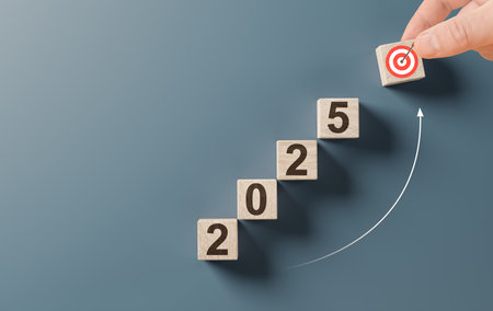 New year resolution 2025. Goal achievement. Ambition aiming success. Dartboard and arrow with number...