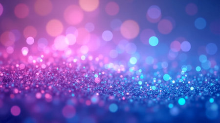 Close-up view of shimmering glitter particles with blurred pink and blue bokeh lights creating magical festive background, suitable for celebration themes in vivid, enchanting colorsの素材