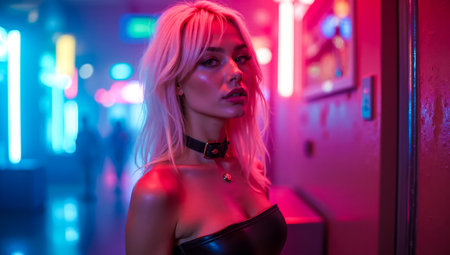 Futuristic cyberpunk young woman portrait in vivid neon cityscape, stylish urban night setting with colorful lighting, modern rebel attitude depicted in fashion-forward clothing and jewelryの素材
