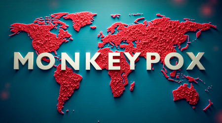 Global Monkeypox Outbreak Conceptual Representation, Red Highlighted Continents Map, Epidemic Spread Visualization, Health Emergency Alert, Worldwide Disease Alertnessの素材