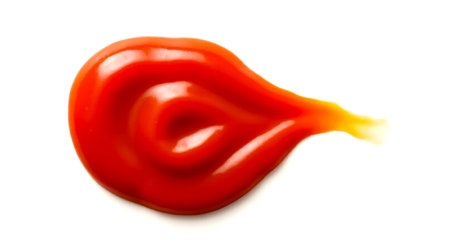Bright red ketchup spill isolated on white background, glossy tomato sauce blob, condiment stain, vibrant food topping splatter, culinary ingredient dropの写真素材