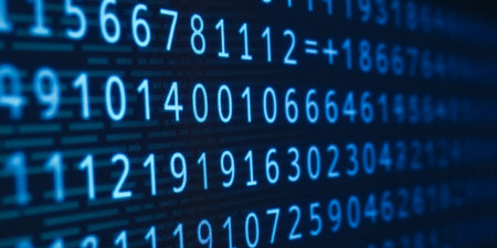 Blue digital data code on screen. electronic digital number display on computer monitor featuring...