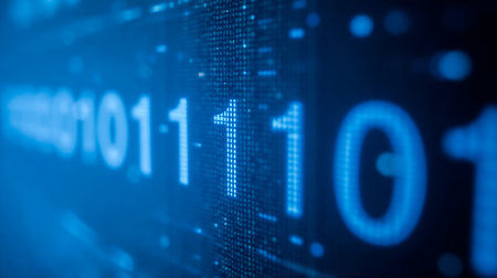 Close-up Blue digital data code on screen. digital display technology screen with white numbers on...