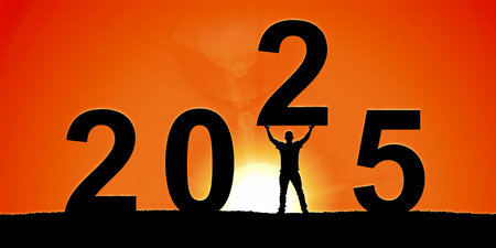 2025. Male Figure Against Sunset Welcoming 2025 Year. New Start Festivities Achievement Joyful Moment Anticipation Bright Future Planning Time Progress Celebration Event Horizon Aspiration Successの写真素材
