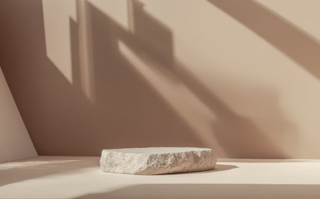 Presentation stage for product, empty pedestal of stone natural featured, play of shadows subtle provides backdrop elegant for exhibition of merchandiseの写真素材