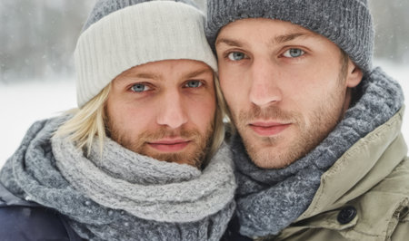 Two men, gay couple, enjoying romantic winter day outdoors, their faces close, surrounded by snowy landscape, dressed in winter clothes, happiness and warmth in coldの素材