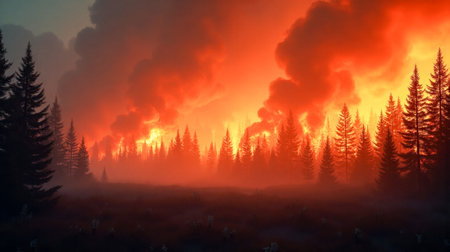 Wildfire in dense forest, orange flames consuming trees, smoke-filled sky at dusk, nature disaster scene, environmental crisis backdrop, fiery landscapeの素材