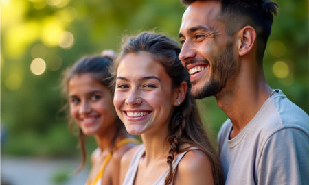 Three friends sharing joyful moment outside in warm sunlight, laughing and enjoying time together. Two women and one man in casual clothes, relaxed and happy. Natural outdoor setting in green parkの素材