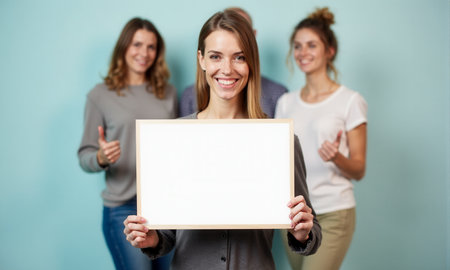 Group of women in casual attire showcasing blank signboard for branding, clear advertising space, informal female models holding placard, editable mockup, marketing, teamwork, business promotionの素材