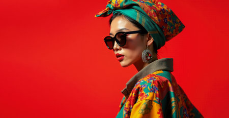 Elegant Asian model debuts latest fashion collection, featuring bright traditional garments with modern twist, complemented by bold earrings and headscarf against striking red backgroundの素材