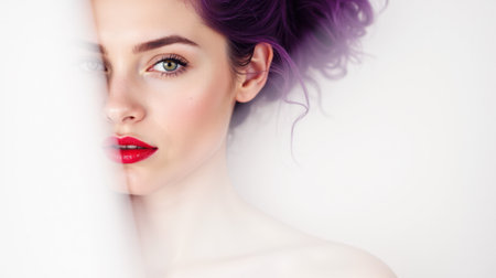 High fashion beauty photo of woman with bold red lipstick and purple hair, delicate skin, intense gaze, close-up composition, modern makeup look for advertising, minimalist beauty conceptの素材
