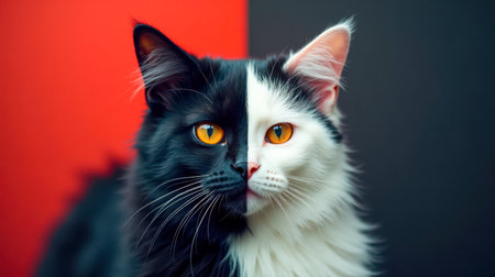 Close-up portrait of majestic black and white cat with captivating orange eyes, contrasting red grey backdrop, detailed whiskers, soft fur texture, pet elegance indoorsの素材