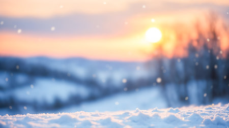 blurred Winter Wonderland Background, Soft Snowfall, Orange Sunrise Glow, Silhouetted Trees, Serene Cold Season Scenery, Calm Aesthetic Designsの素材