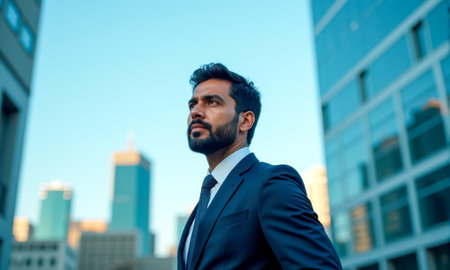 Indian businessman in suit standing before tall skyscrapers symbolizing India corporate growth and global business presence in modern urban financial districtの素材