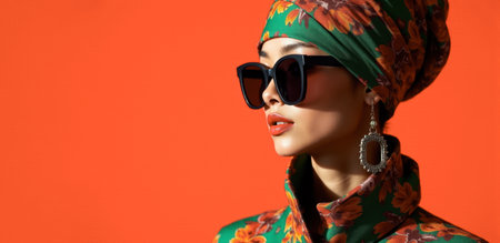 Asian woman in vibrant fashion attire presents new clothing line against red backdrop, showcasing colorful patterns and stylish accessoriesの素材