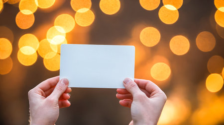 Hand holding mockup blank card in focus, blurred background with warm bokeh lights, business branding, presentation in natural settingの素材