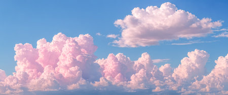 Serene Pink Clouds Adorn Blue Sky Panorama, Fluffy Cotton Candy Cloudscape, Peaceful Skyline, Pastel...