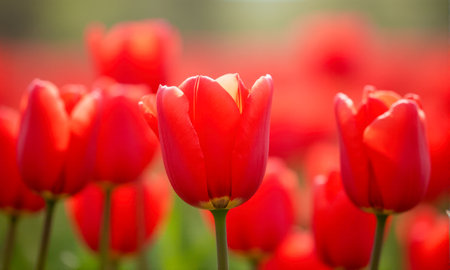Vibrant red tulips in bloom, close-up view, fresh spring flowers in garden, blurred green...