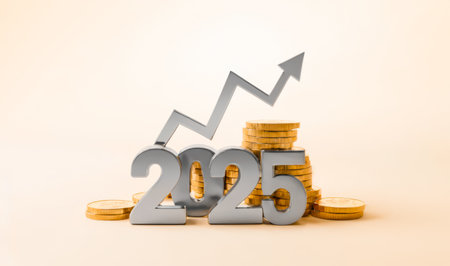 2025 new year target sale profit and arrow business financial investment graph, stock coins business...
