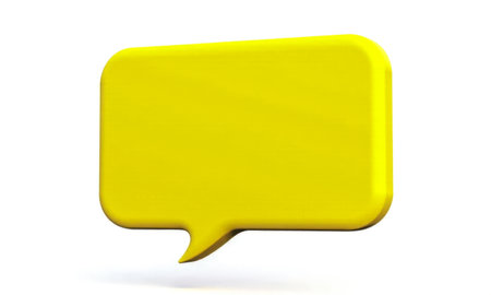 yellow 3D speech bubble on white background, symbolizing communication, messaging, dialogue, conversation, chat, social media, graphic design, modern icon, isolated on white backgroundの写真素材