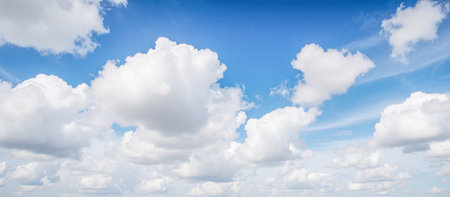 Beautiful sky background with scattered clouds, travel, adventure, freedom, and serene backdrop illustrationの写真素材