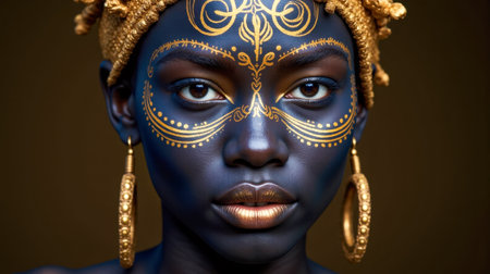 Portrait of woman with blue skin and golden face paint, wearing gold jewelry, fantasy art, creative makeup, elegant style, unique expression, cultural style, dramatic portraitの素材
