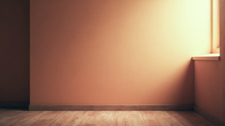 product placement. empty room natural light wooden floor minimalist design. bright window sunlight empty corner beige walls wooden flooring interior space minimal decorの写真素材