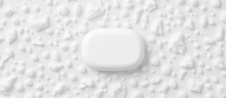 white soap bar on a textured background with water droplets, symbolizing cleanliness and freshness,...