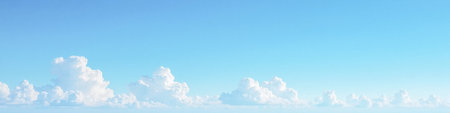 Panoramic view of tranquil blue sky and fluffy cumulus clouds spread evenly, serene day backdrop for...