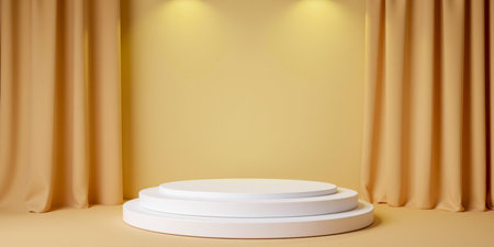 Simple white podium with round shape on soft yellow backdrop. Curtains and lighting create elegant atmosphere for products or events displayの写真素材
