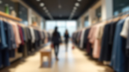 Blurred background of clothing store with racks, shelves, and soft lighting. retail, fashion, or shopping. advertising, branding, or promotional visuals for storeの写真素材