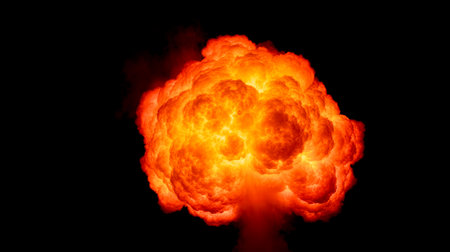 Explosion isolated on black background, fiery blast with intense flames and smoke, overlay or graphic element in visual projectの写真素材