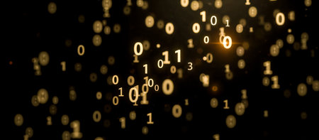 Abstract digital background with floating binary numbers zero and one, symbolizing data processing,...