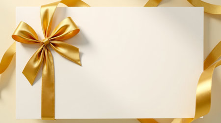 Elegant greeting card mockup with shiny golden ribbon bow on light beige surface. weddings birthdays...