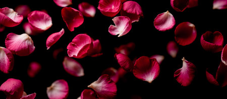Falling rose petals overlay on black background, vibrant red and pink petals floating in dark space, romantic floral backdrop, delicate flower fragments, dreamy atmosphere, love-themed designの写真素材