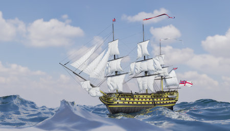 Historic sailing vessel navigating rough seas, detailed 3D illustration, tall ship with multiple...
