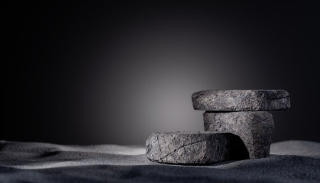 Empty stone podium for product placement, natural rock background, minimalist display, textured...