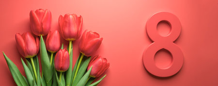 Beautiful bouquet of red tulips with green leaves on soft background. 8 March, large number eight elegant spring floral composition for womens day greeting card, wide web bannerの素材