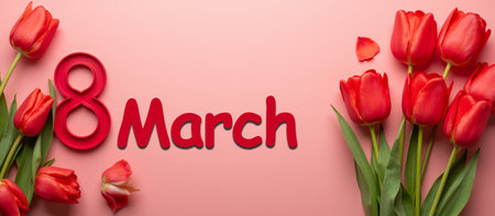 8 March. bouquet of red tulips with number eight and March text on soft pastel background festive floral composition for international womens day greeting card romantic web bannerの素材