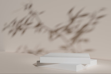 Luxury minimalist product pedestal in soft warm lighting, neutral stage for branding, stylish empty showcase, clean design background, contemporary presentation templateの写真素材