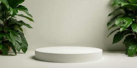 Clean circular platform paired with vibrant green foliage for stylish advertising in soft-lit...
