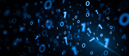 Binary code background with blue ones and zeros floating in dark space, perfect for technology,...