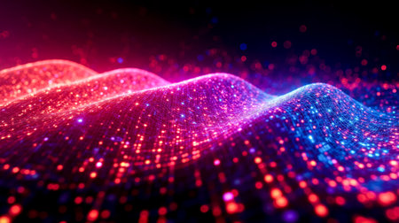 Futuristic wave pattern of purple and red neon energy lights forming dynamic and smooth 3D landscape...
