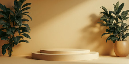 round pedestal paired with lush foliage casting shadows in muted beige tones for elegant promotional backgroundの写真素材
