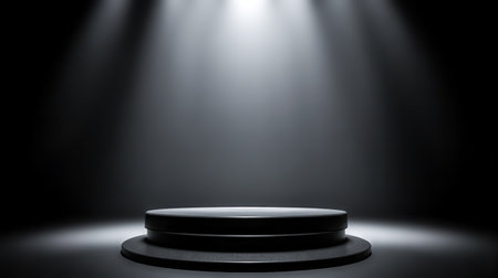 Sleek black podium in clean minimalistic studio with circular shape, illuminated by dramatic spotlight, perfect for high-end product showcase, creative designs, or professional presentationの写真素材
