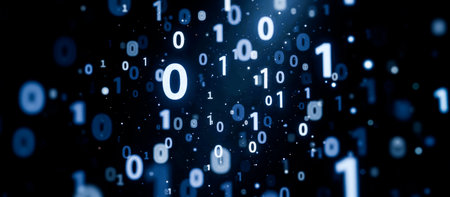 Binary code background with floating ones and zeros in blue color on dark backdrop, representing digital data, technology, computer science concepts, abstract digital backgroundの写真素材